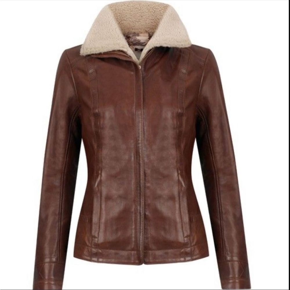Ted Baker Leather Shearling Trim Jacket (Karamel)
